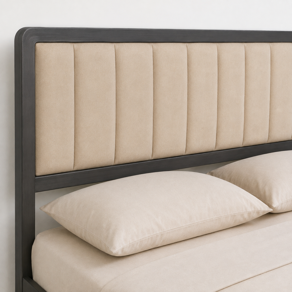 Modern Queen Size Bed — Premium Velvet Upholstered Headboard with Iron Frame