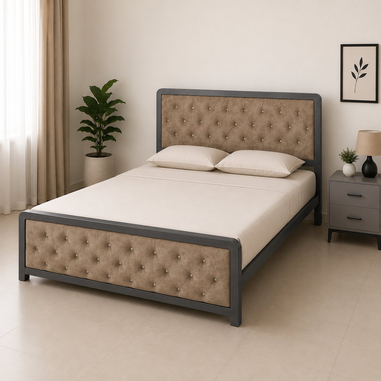 Queen Size Bed — Premium Velvet Upholstered Headboard with Iron Frame