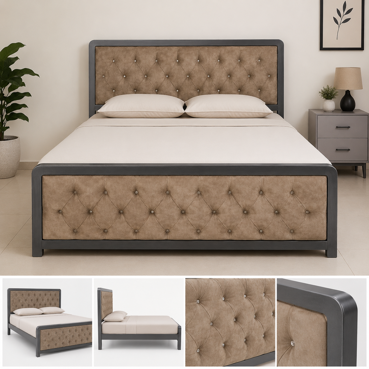 Queen Size Bed — Premium Velvet Upholstered Headboard with Iron Frame